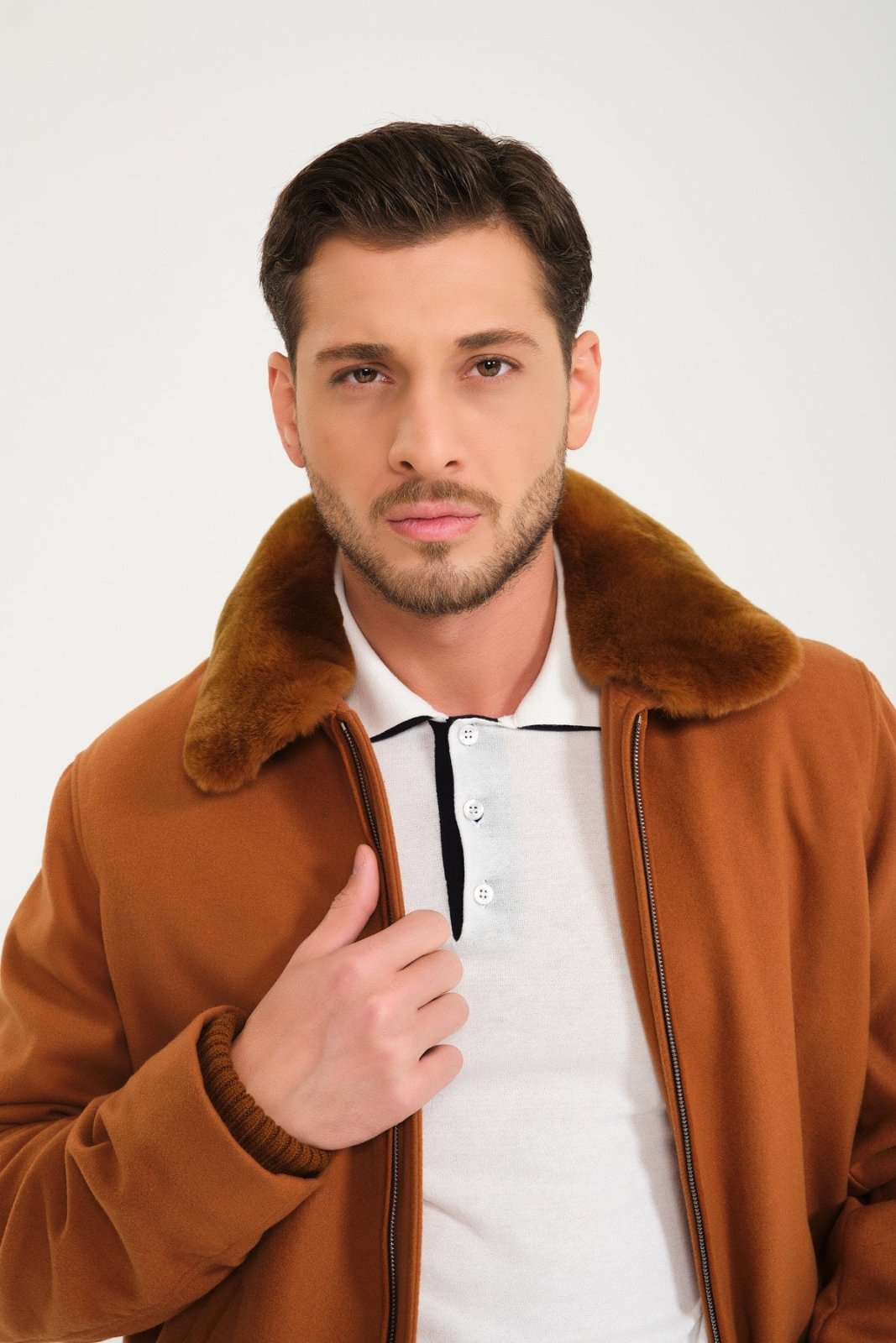 Tobacco Color Wool & Rex Fur Coat - ADAMO