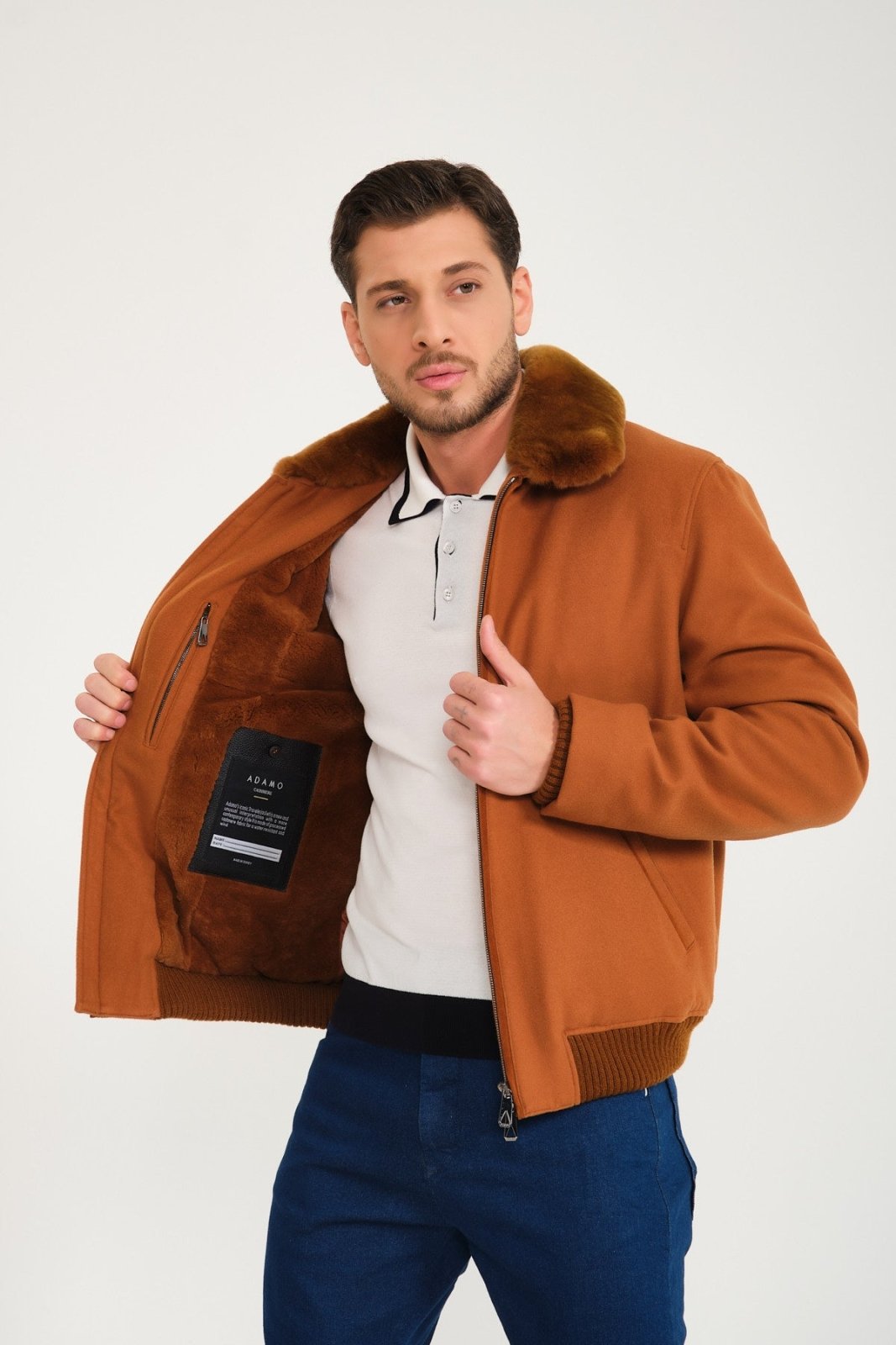 Tobacco Color Wool & Rex Fur Coat - ADAMO