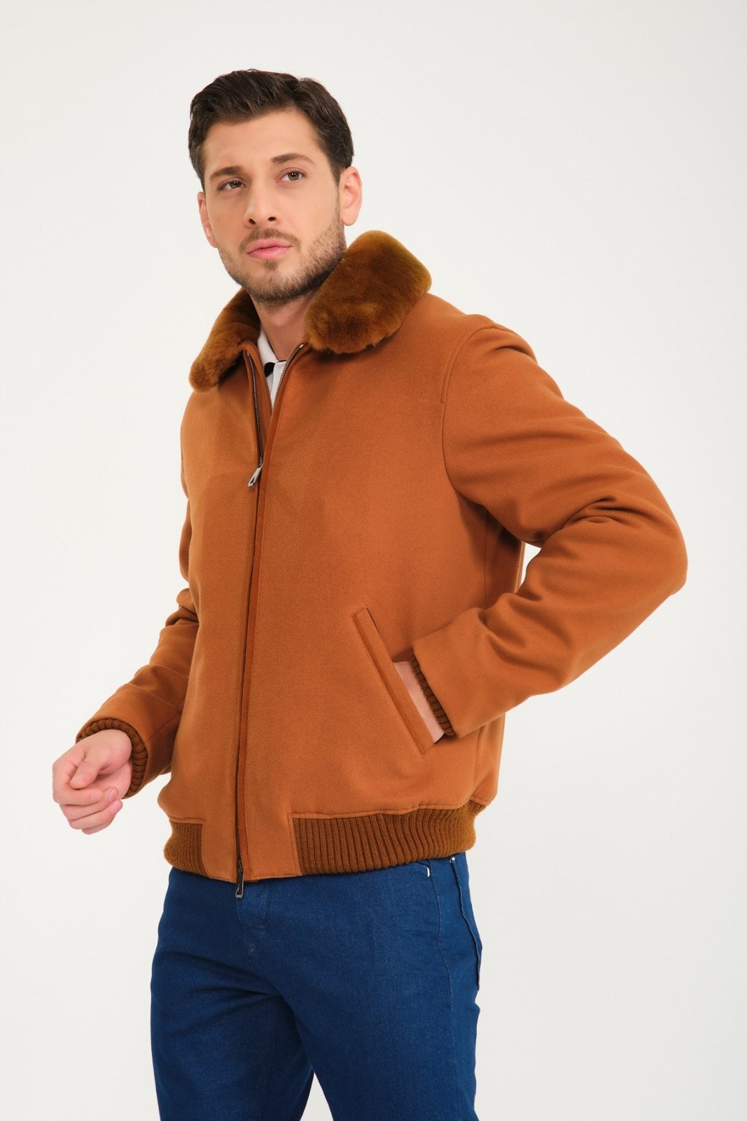 Tobacco Color Wool & Rex Fur Coat - ADAMO