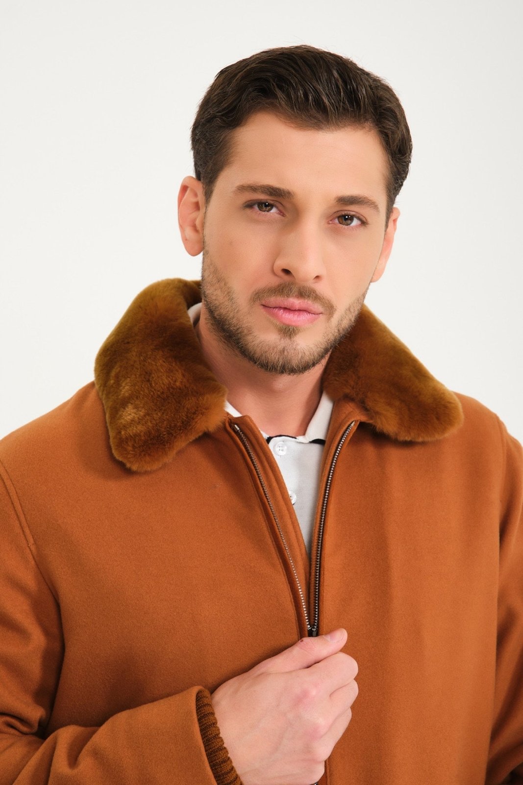 Tobacco Color Wool & Rex Fur Coat - ADAMO