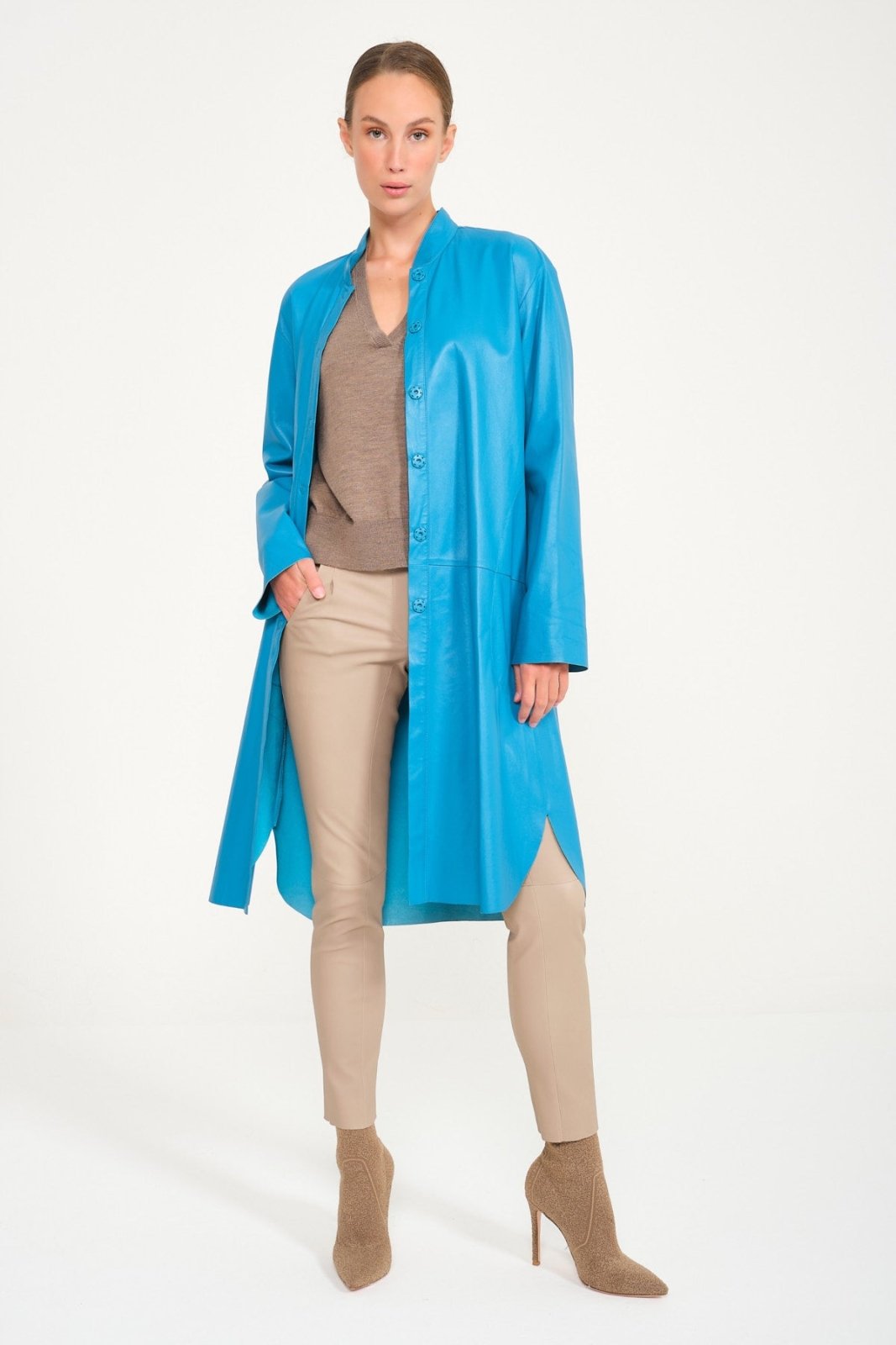 Turquoise Leather Coat - ADAMO