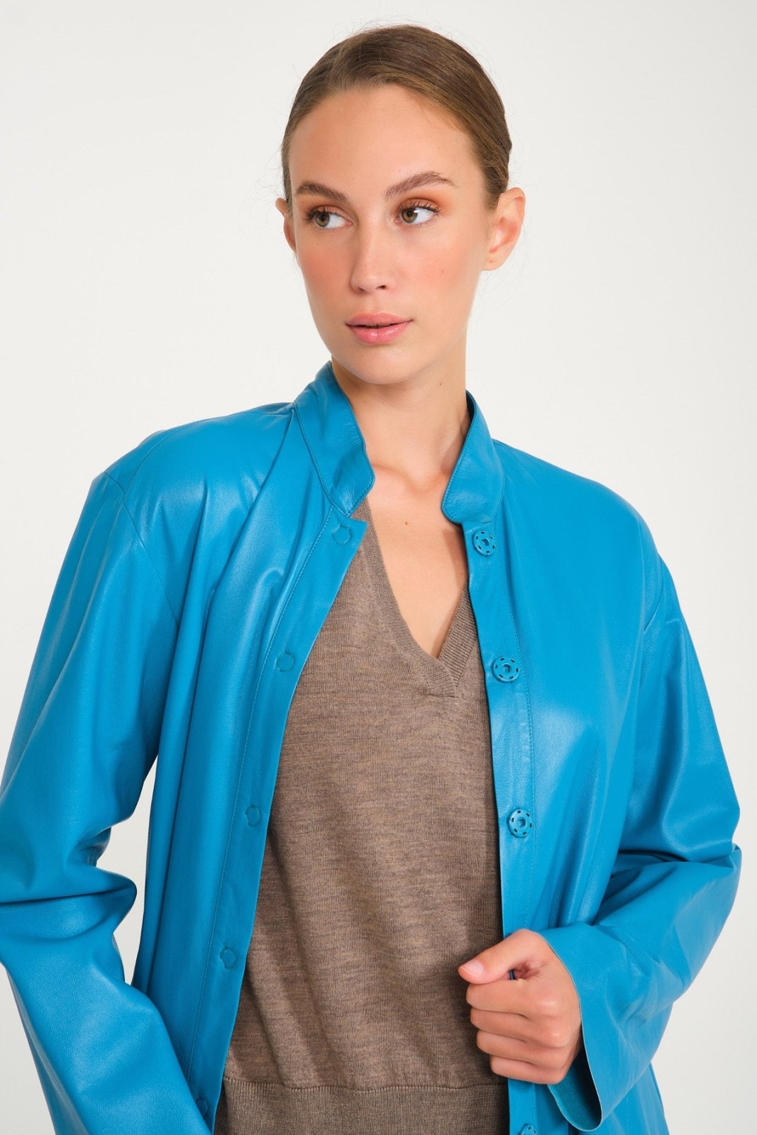 Turquoise Leather Coat - ADAMO