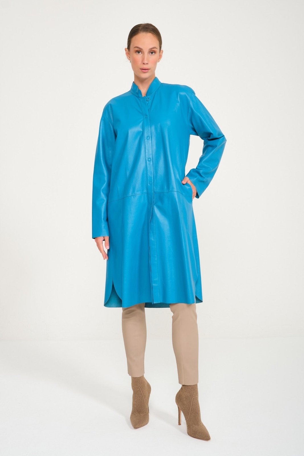 Turquoise Leather Coat - ADAMO