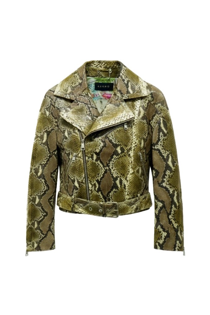 Verde Python Leather Biker Jacket - ADAMO