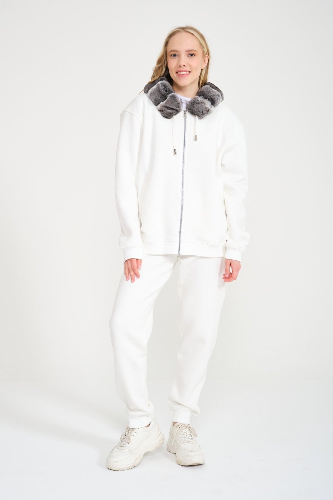 White Chinchilla Fur Zipped Hoodie & Jogger Set - ADAMO