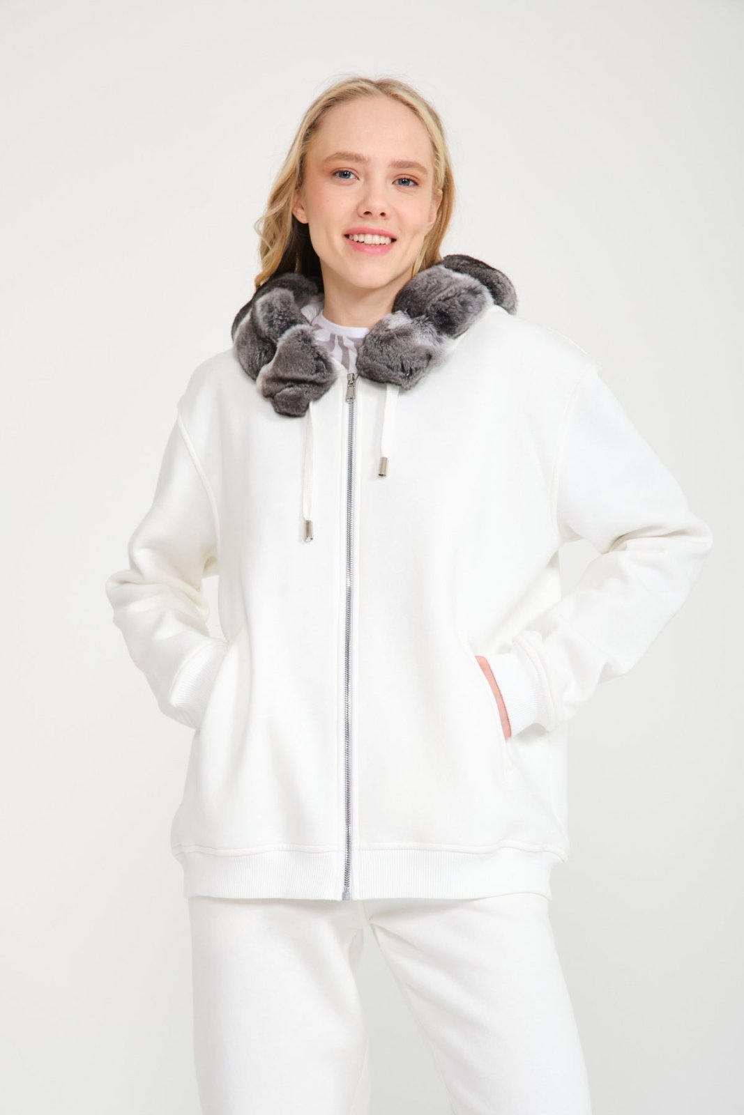 White Chinchilla Fur Zipped Hoodie & Jogger Set - ADAMO