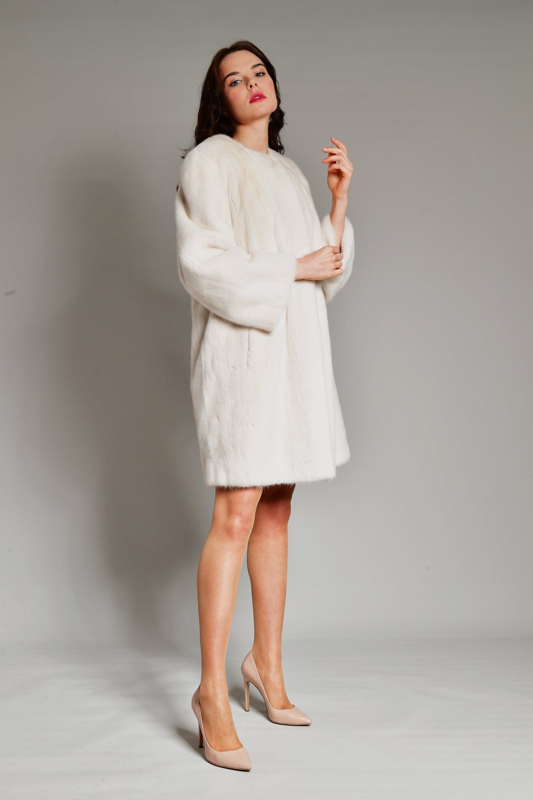 White Long Mink Fur Coat - ADAMO