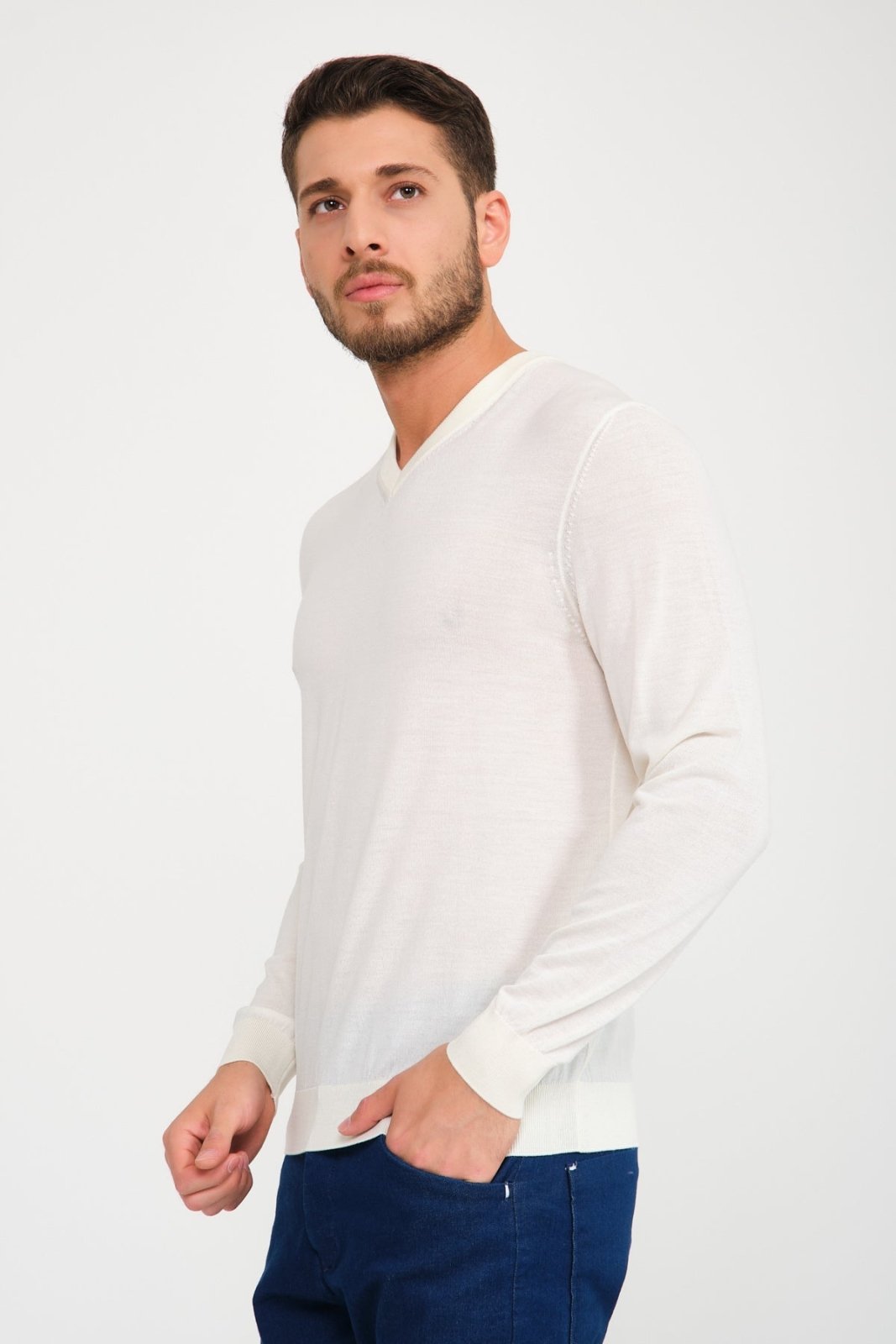 White V - Collar Wool Sweater - ADAMO