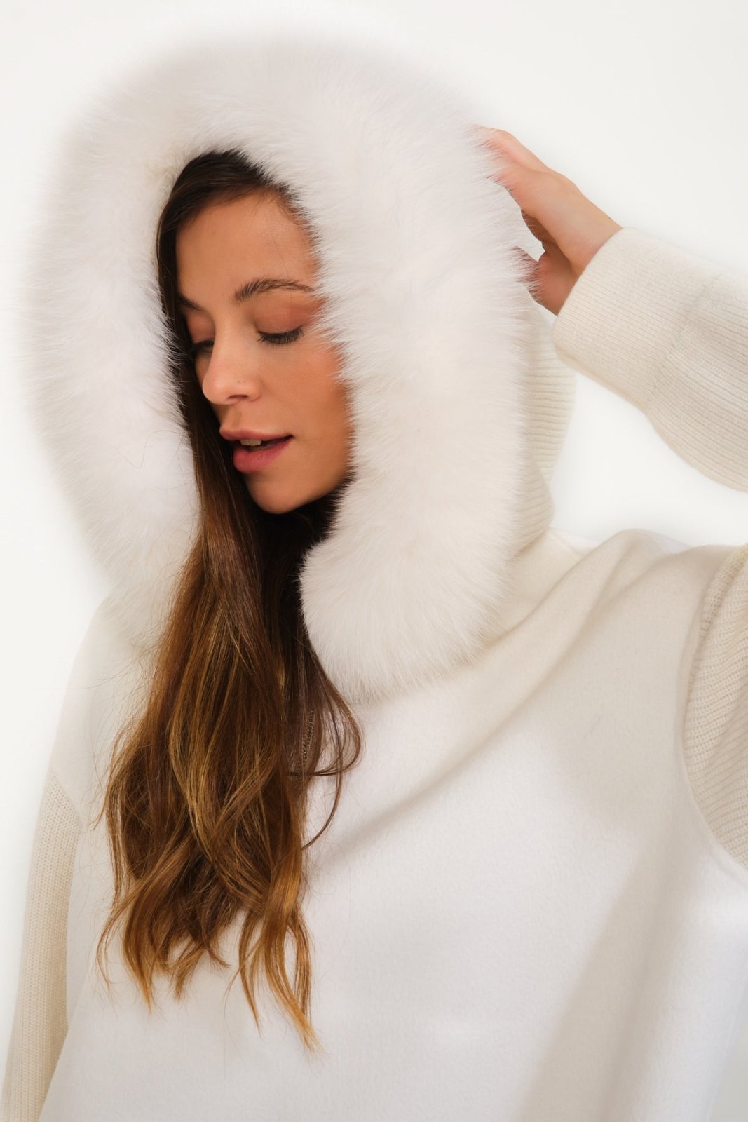 White Wool & Fox Fur Hoodie - ADAMO