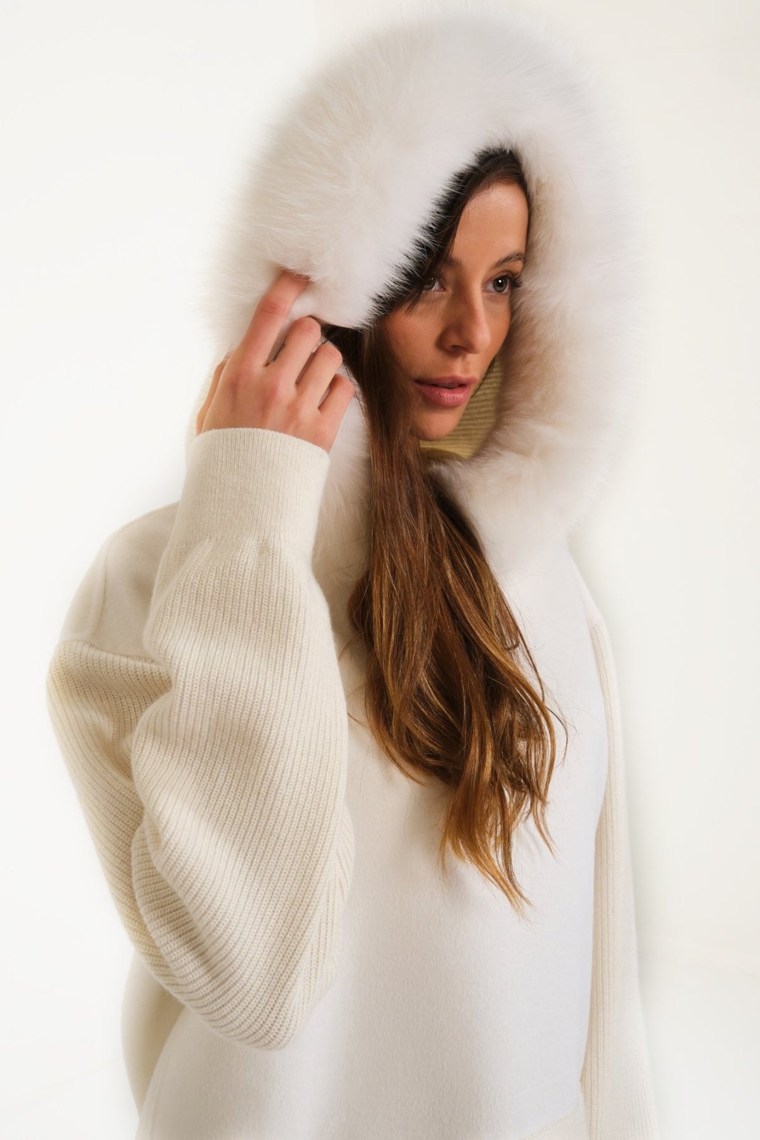 White Wool & Fox Fur Hoodie - ADAMO