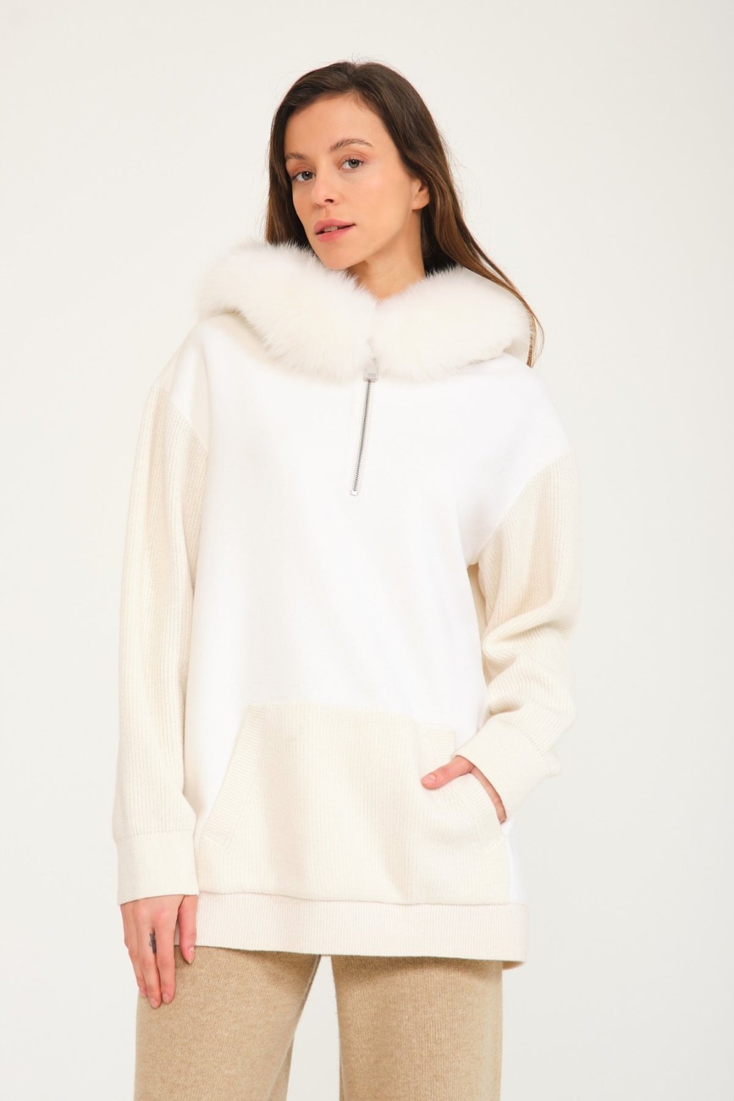 White Wool & Fox Fur Hoodie - ADAMO