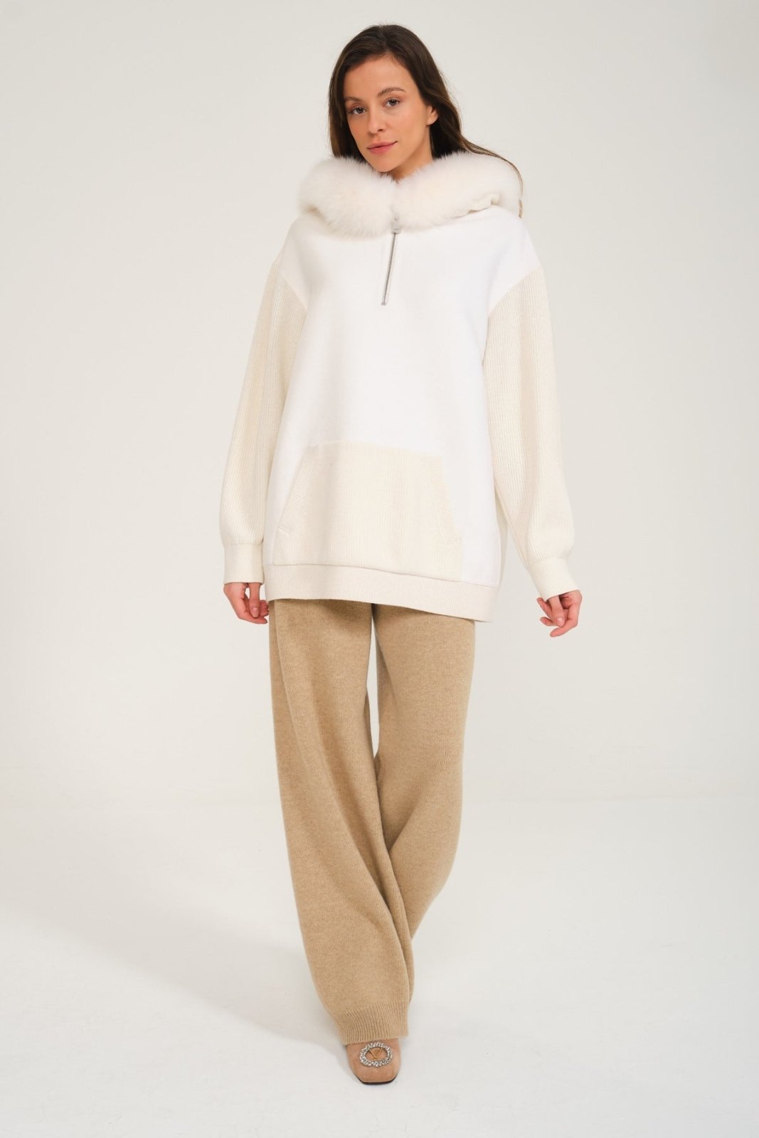 White Wool & Fox Fur Hoodie - ADAMO