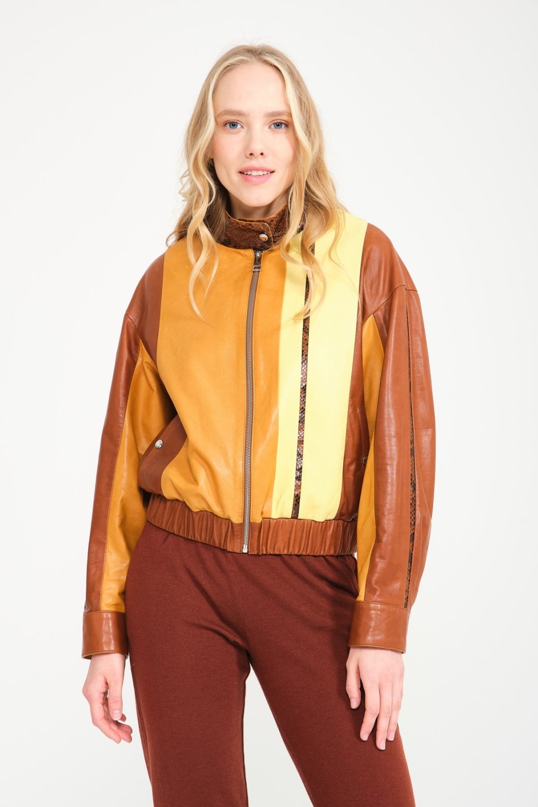 Yellow/Brown Leather Bomber Jacket - ADAMO