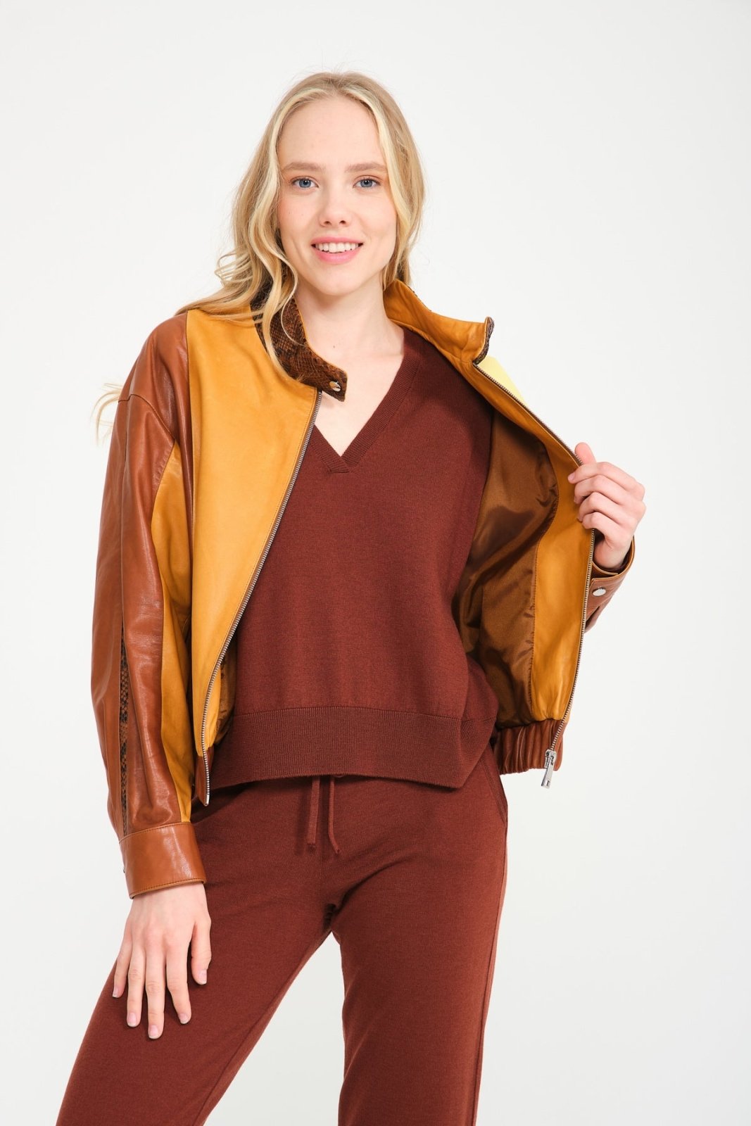 Yellow/Brown Leather Bomber Jacket - ADAMO