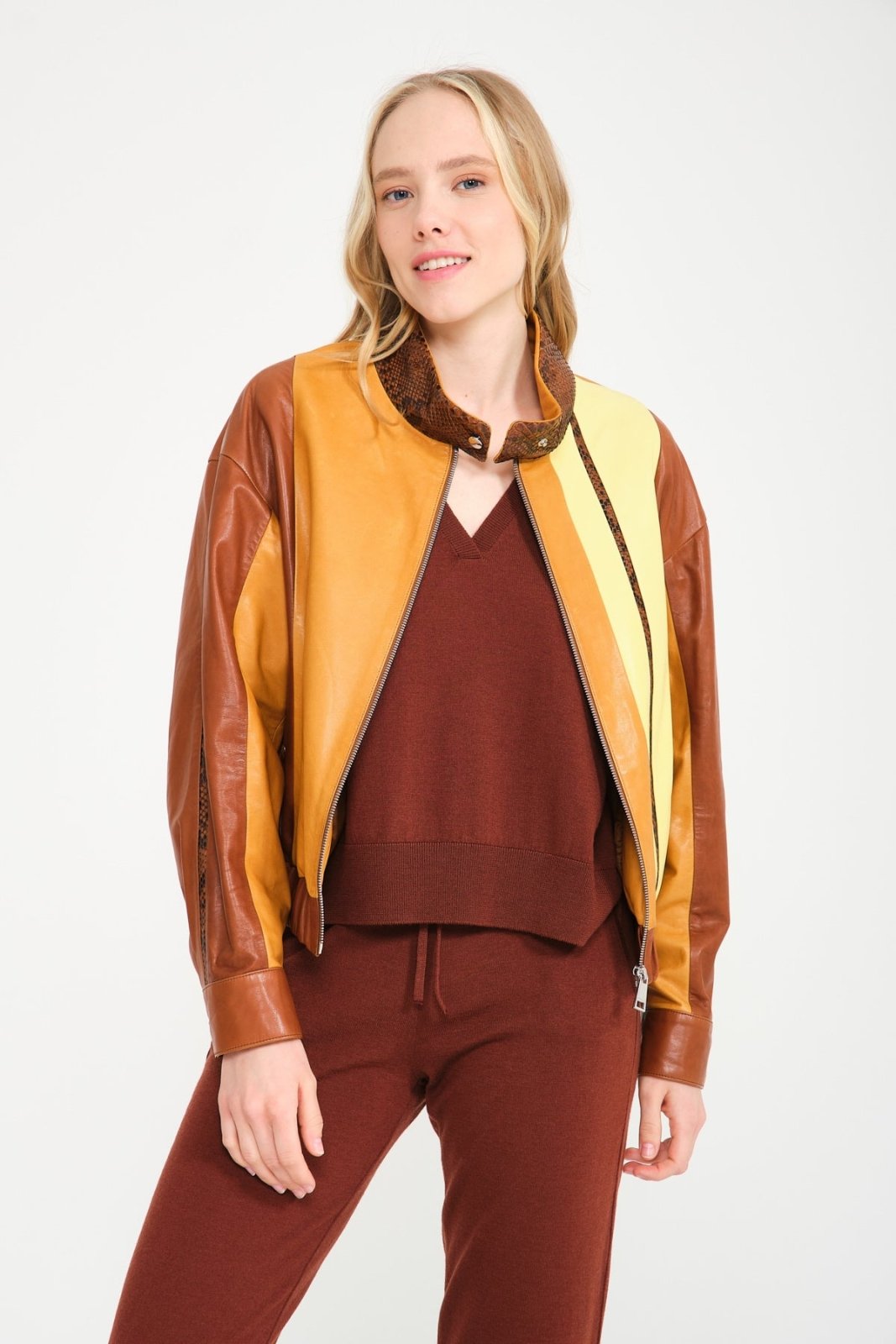 Yellow/Brown Leather Bomber Jacket - ADAMO