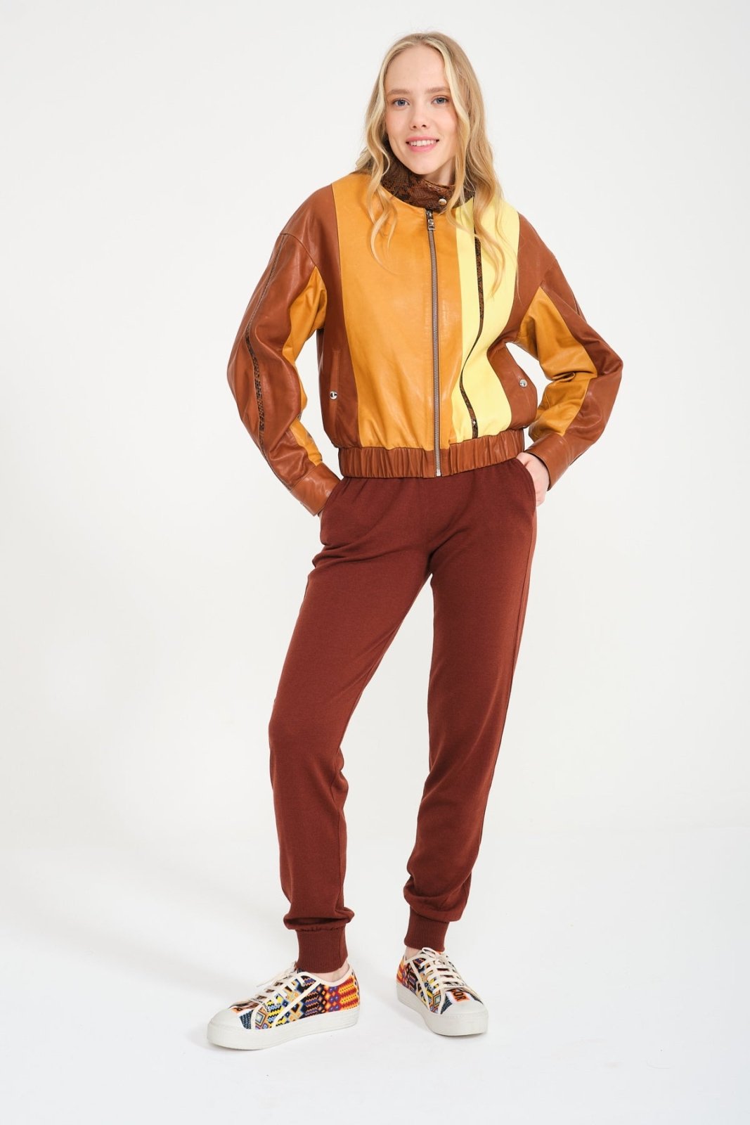 Yellow/Brown Leather Bomber Jacket - ADAMO