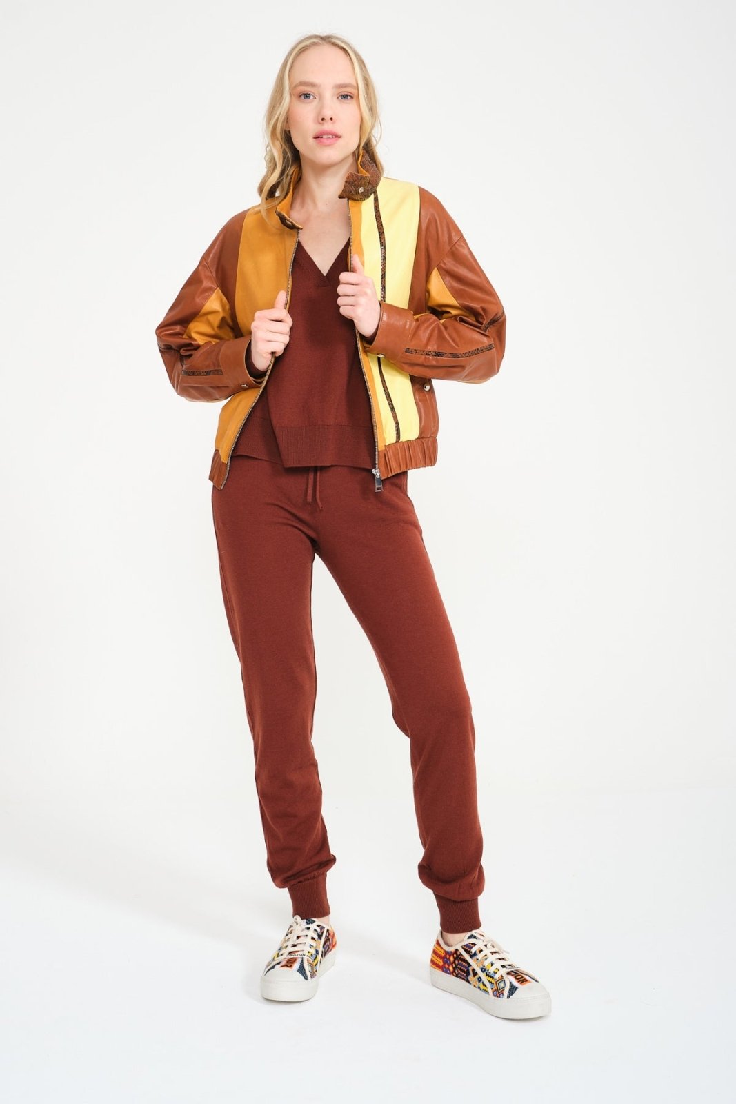 Yellow/Brown Leather Bomber Jacket - ADAMO