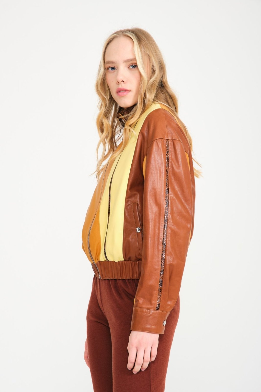 Yellow/Brown Leather Bomber Jacket - ADAMO