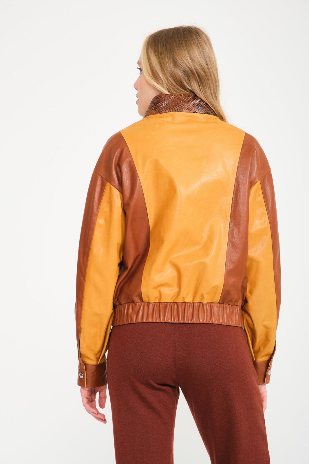 Yellow/Brown Leather Bomber Jacket - ADAMO