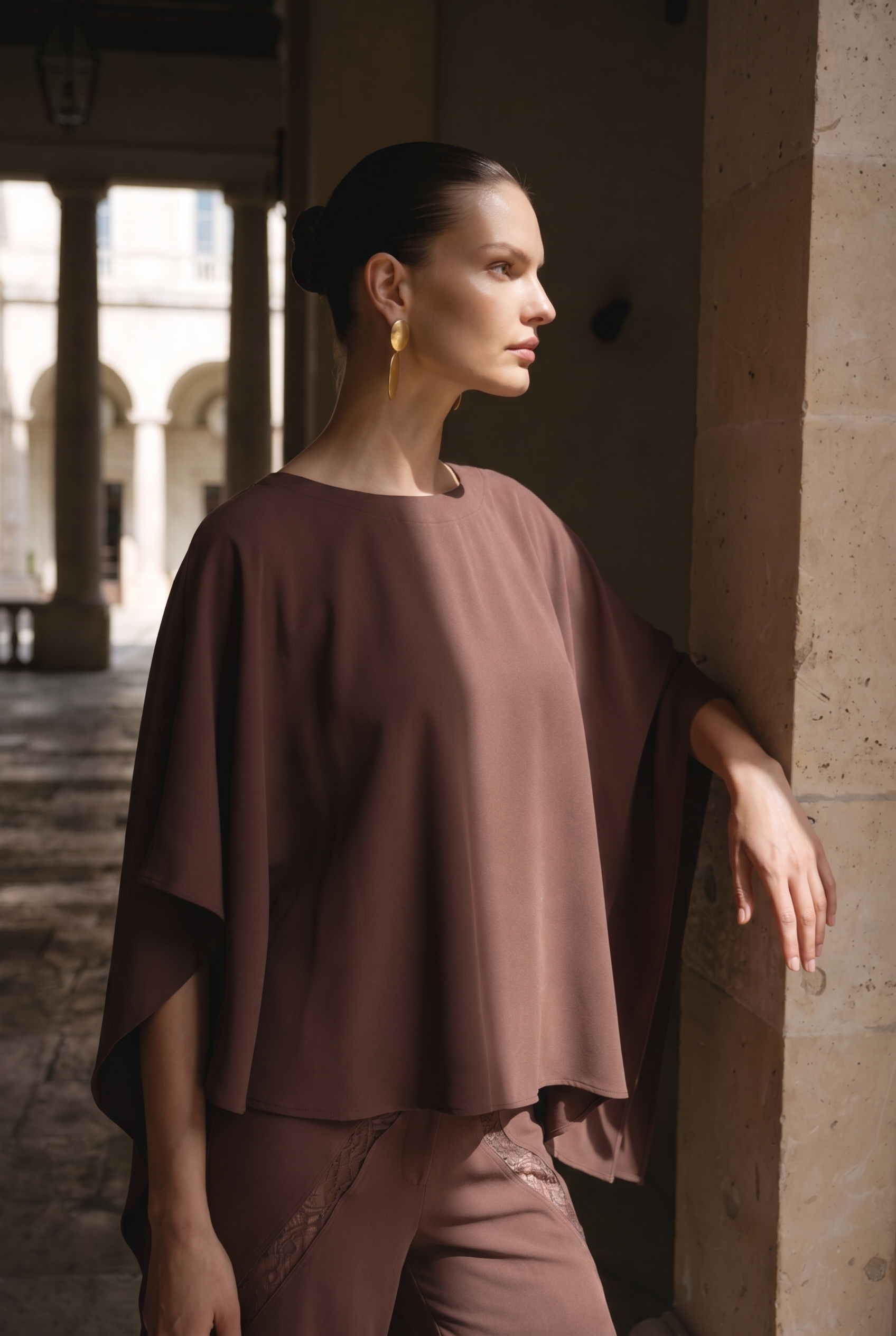 Seravelle Mocha Draped Cape Blouse