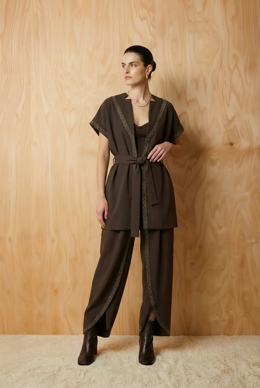 Dark Brown Embroidered Trim Kimono
