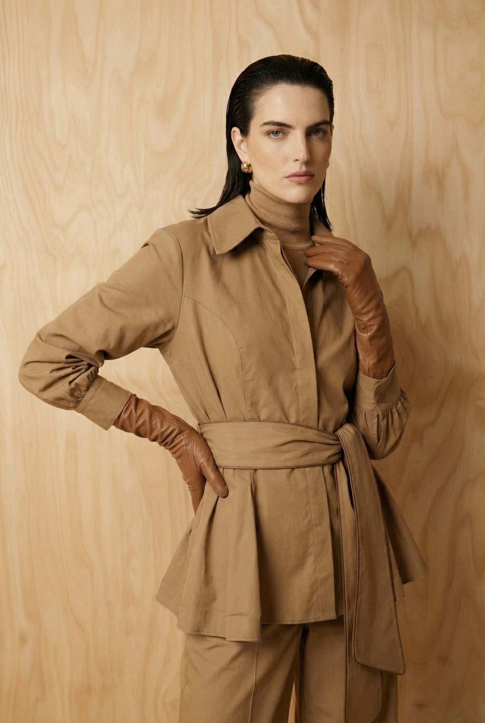 Tabacco Tailored Belted Cotton Blouse