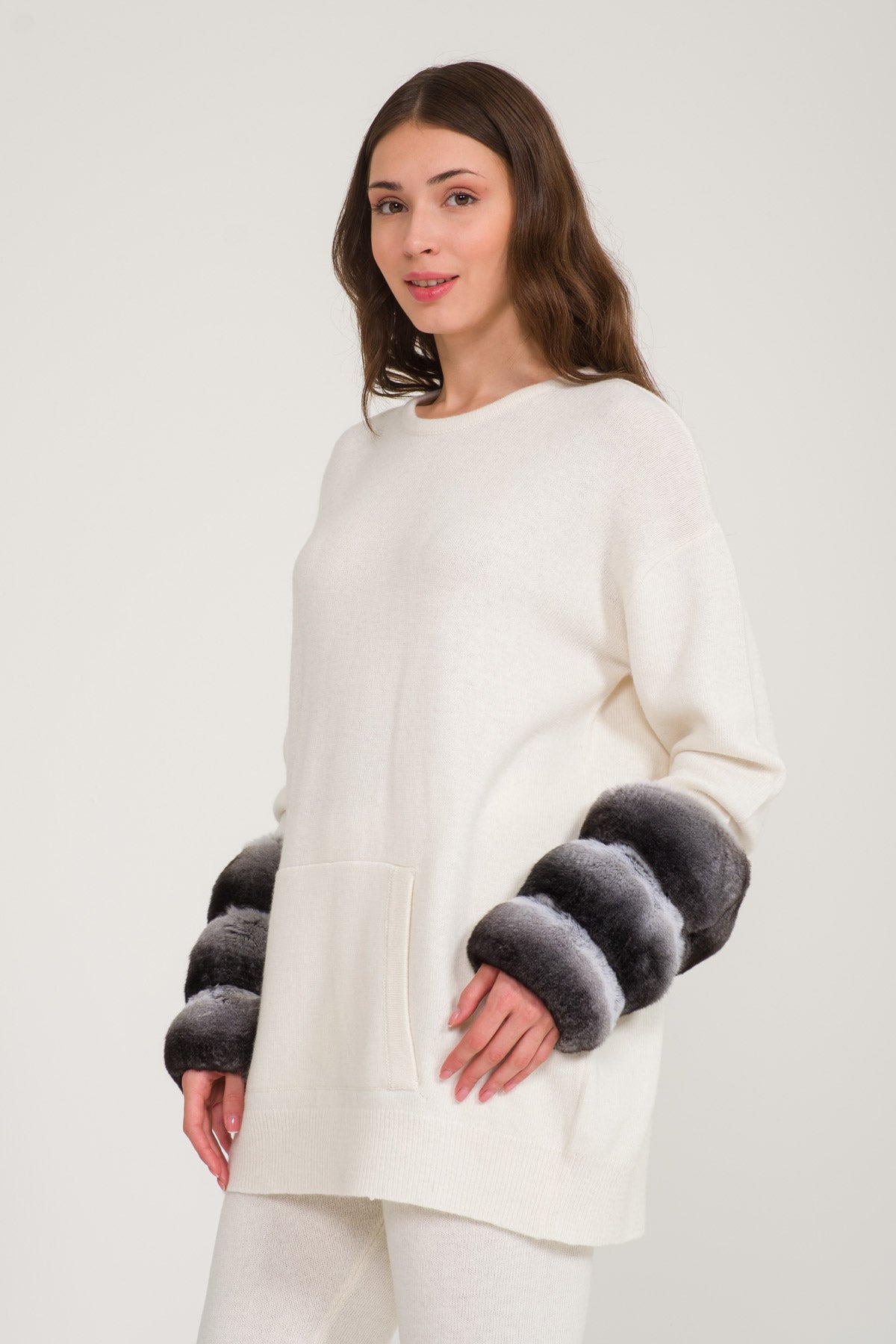 Ecru Chinchilla Fur Lined Knit Set