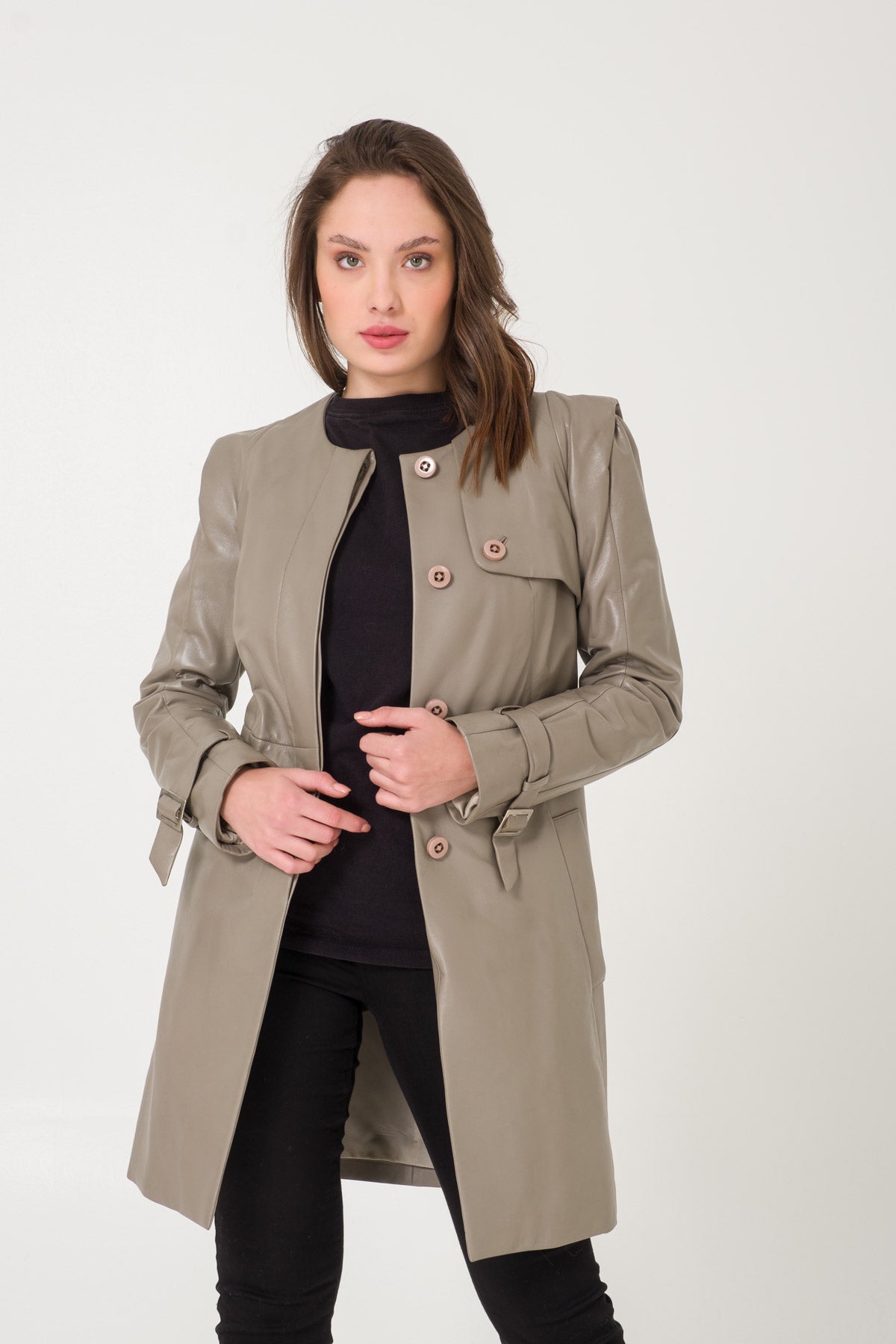 Grey Leather Trench Coat