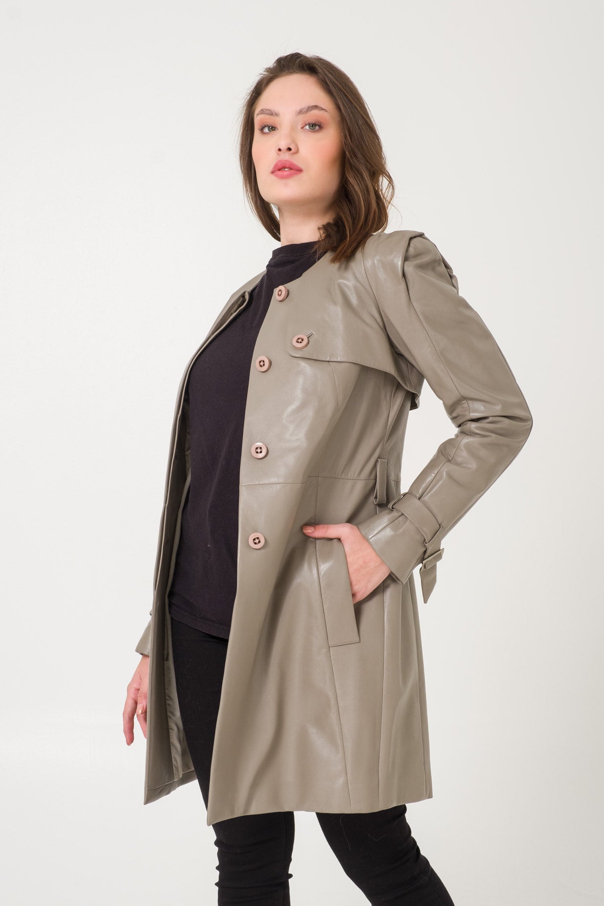 Grey Leather Trench Coat