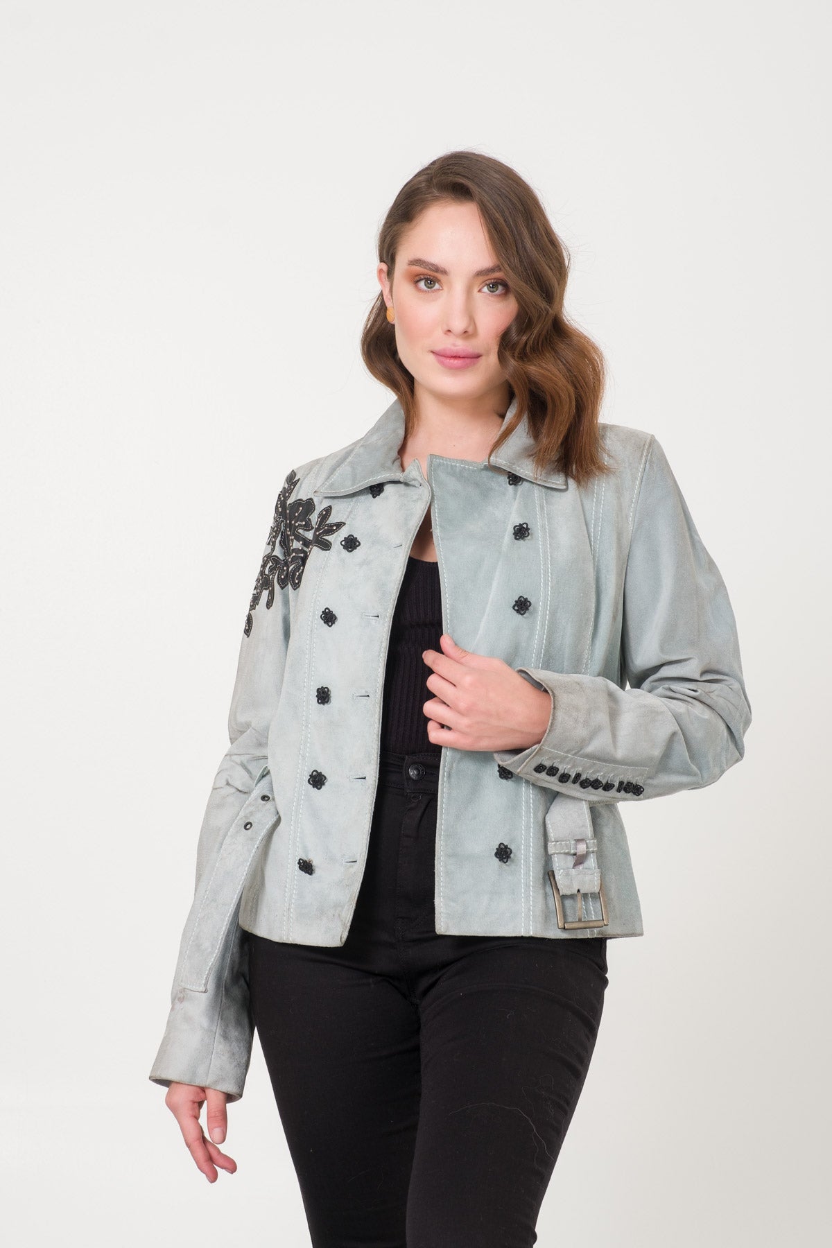 Light blue hotsell leather jacket womens