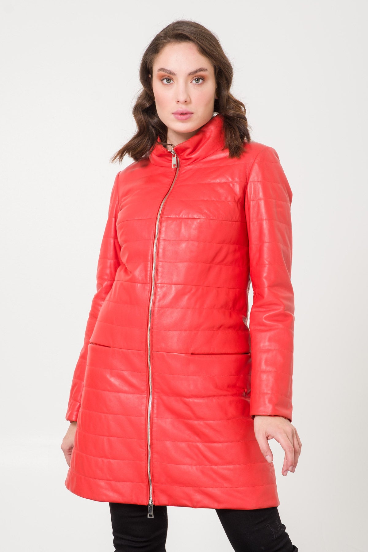 Coral Color Leather Coat