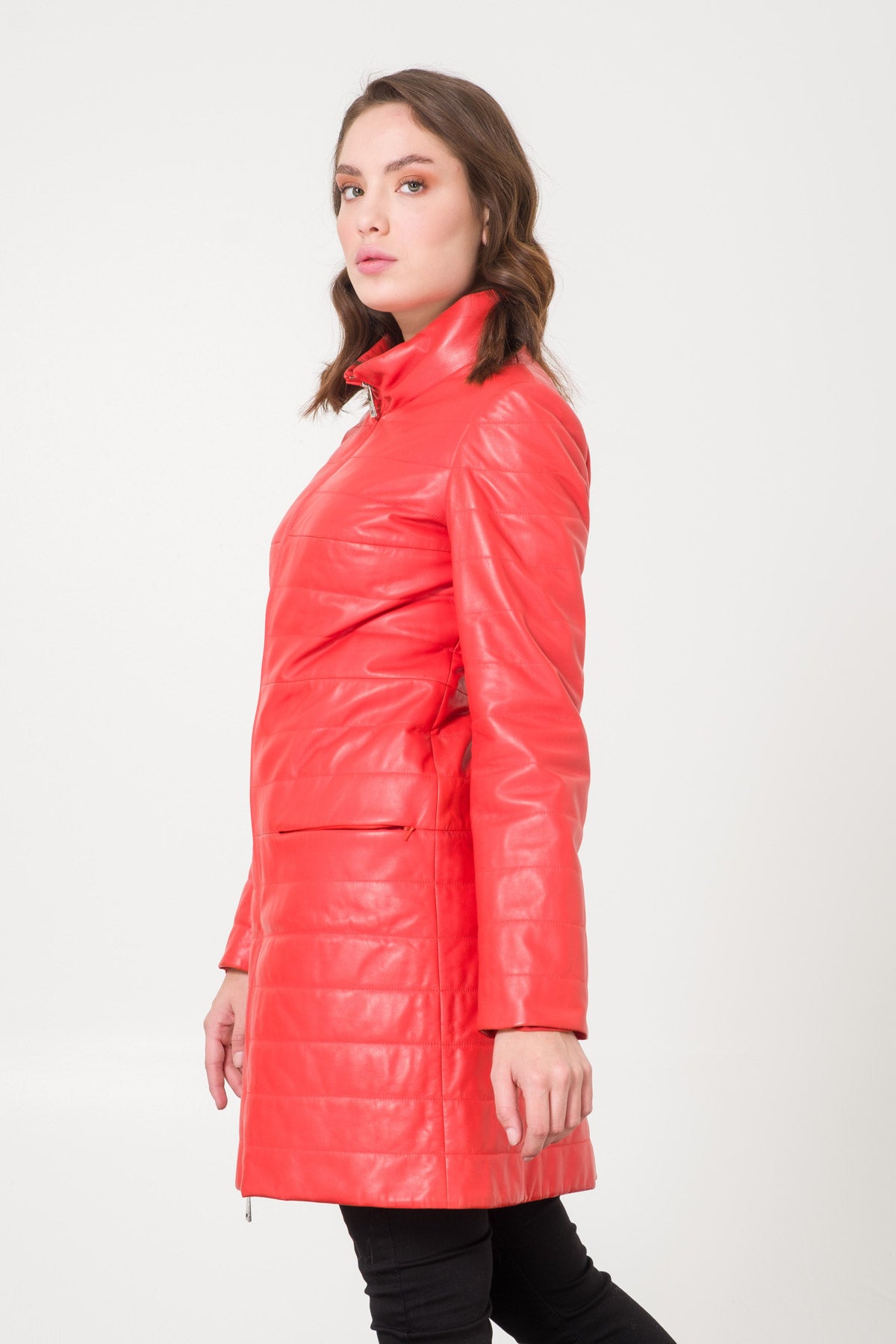 Coral Color Leather Coat