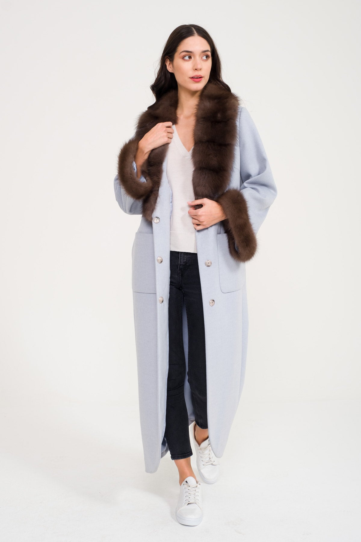 Light Blue Wool & Sable Fur Long Coat