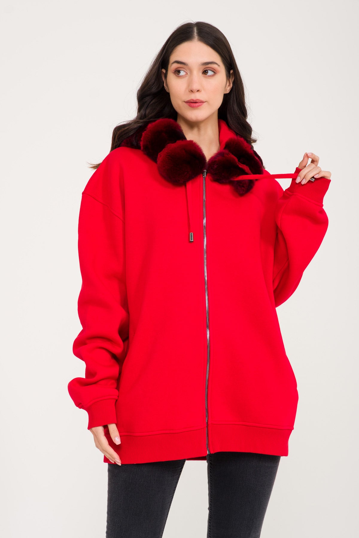 Red Chinchilla Fur Lined Zipped Hoodie