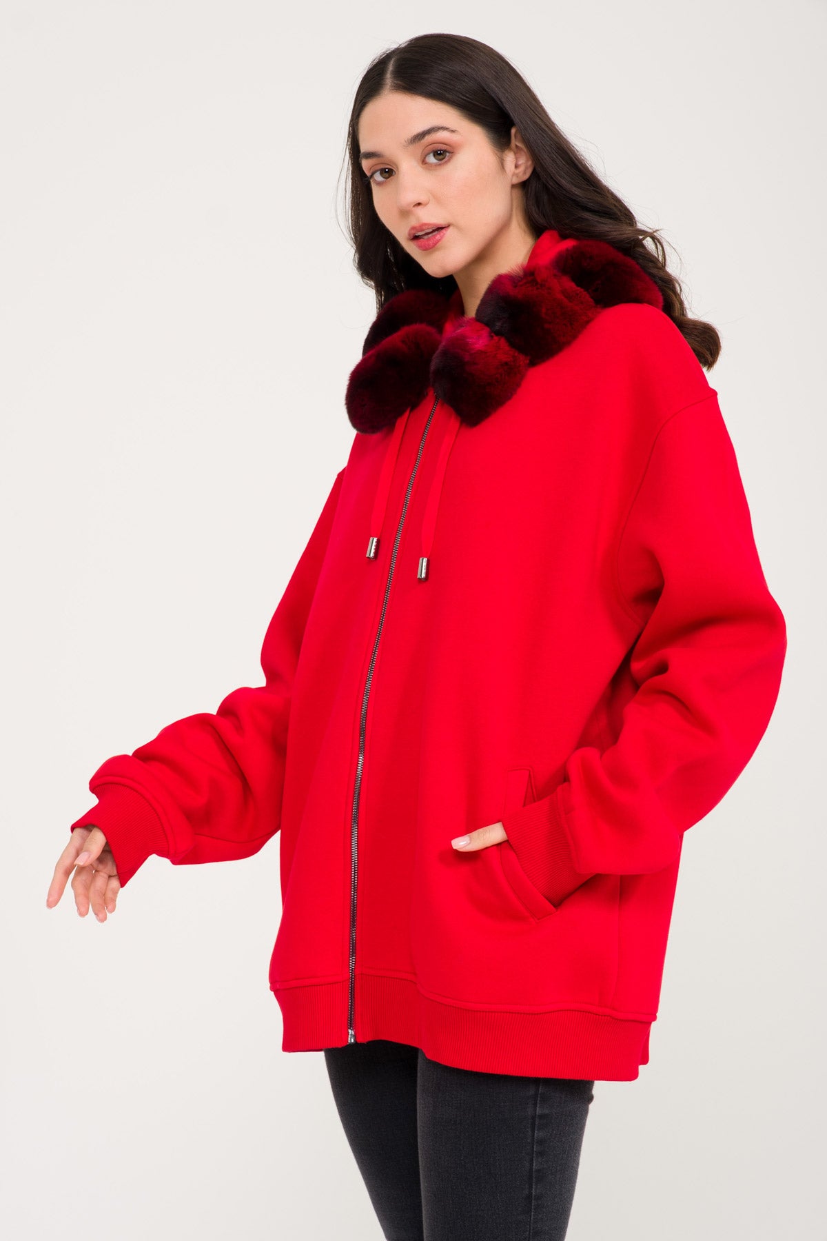 Red Chinchilla Fur Lined Zipped Hoodie