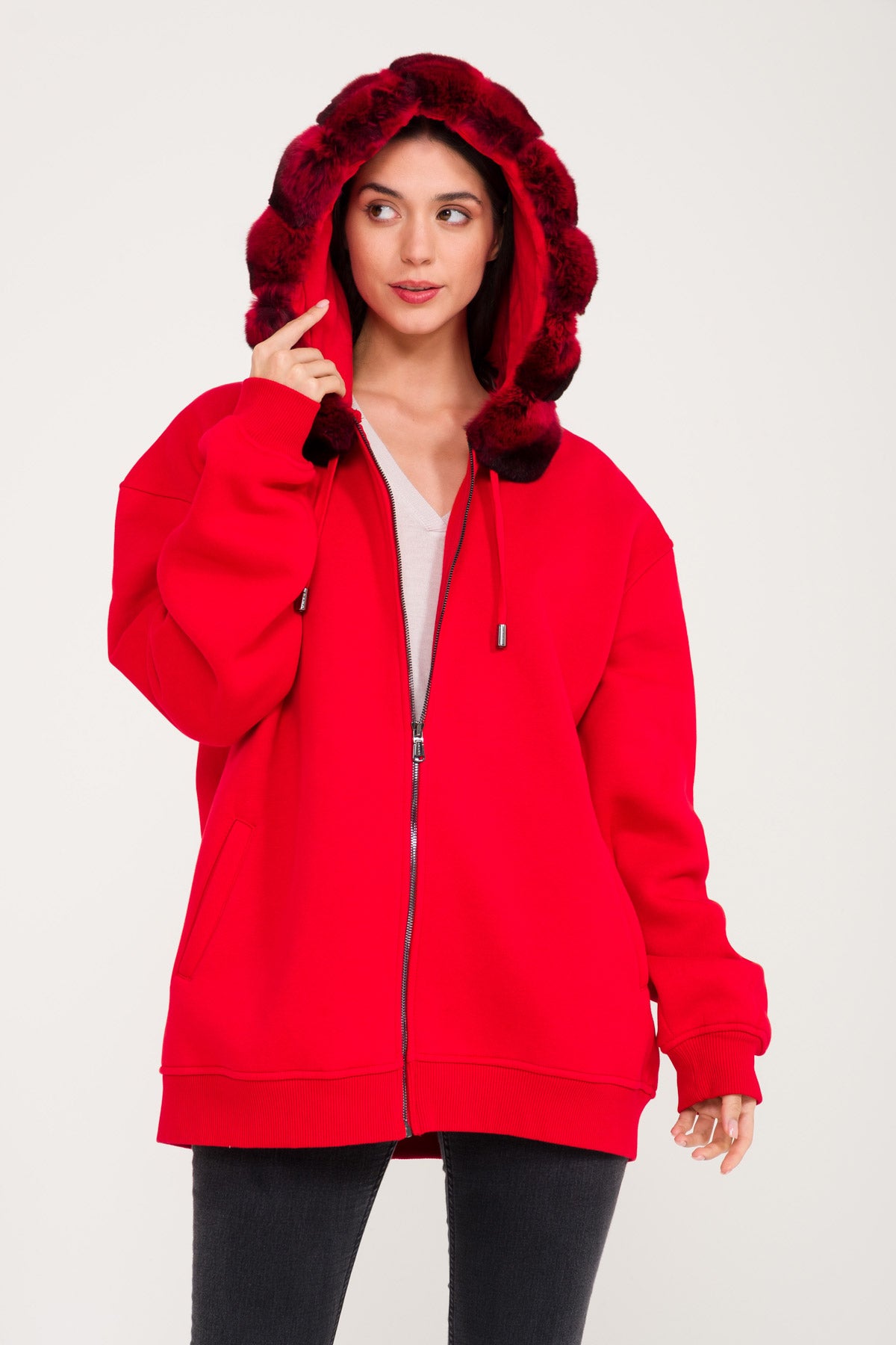 Red Chinchilla Fur Lined Zipped Hoodie