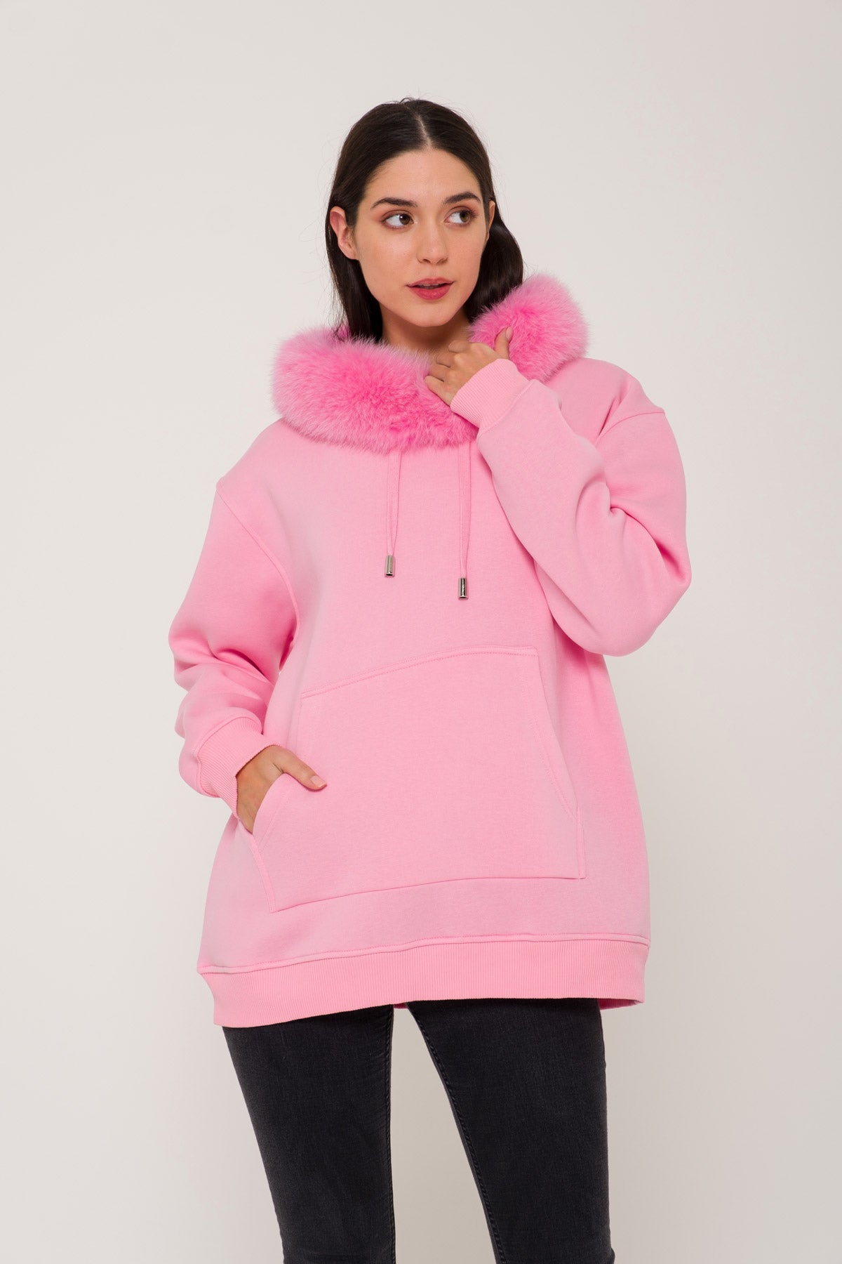 Pink Fox Fur Lined Hoodie