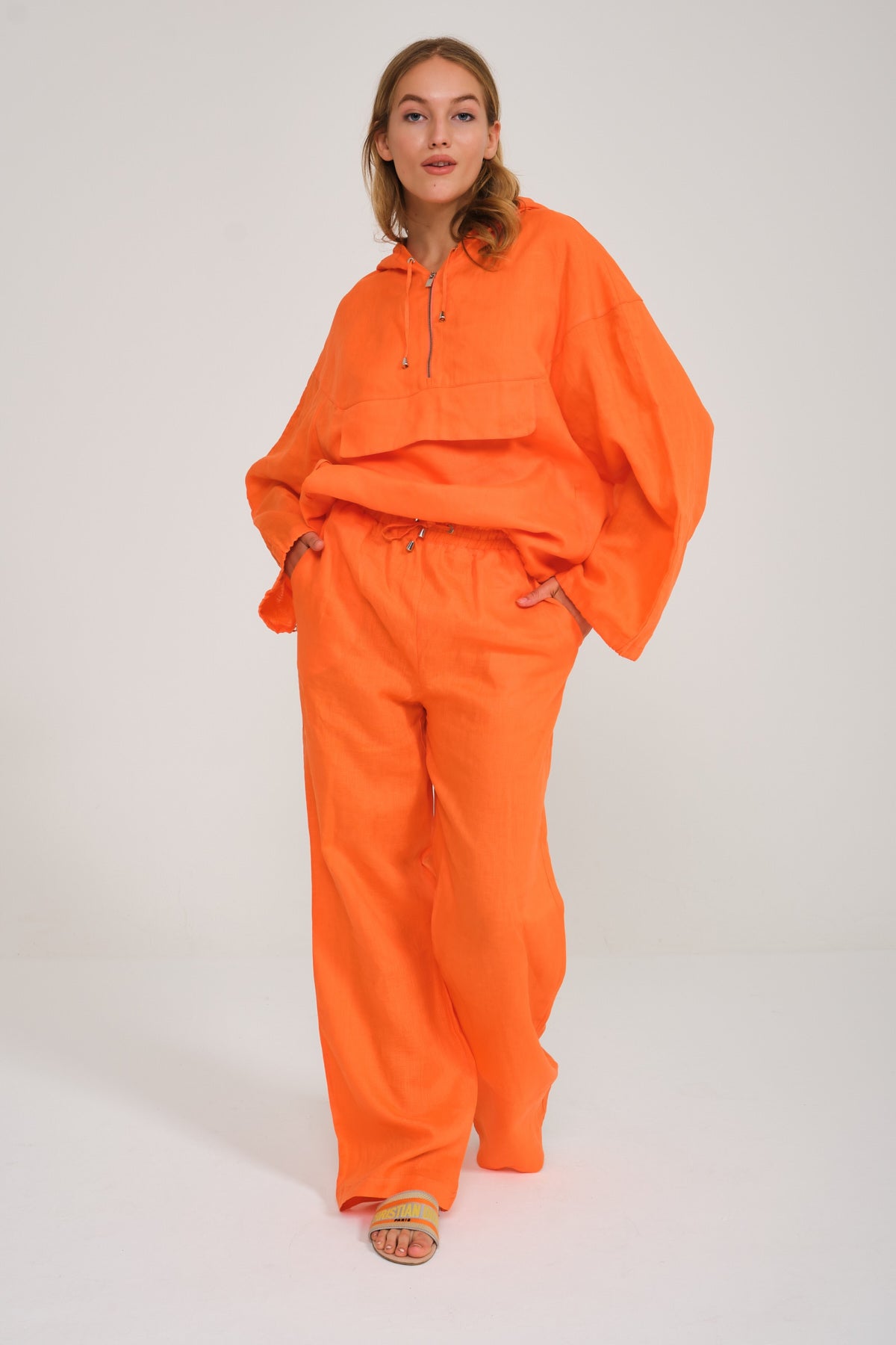 Orange Linen Hoodie & Pants Set