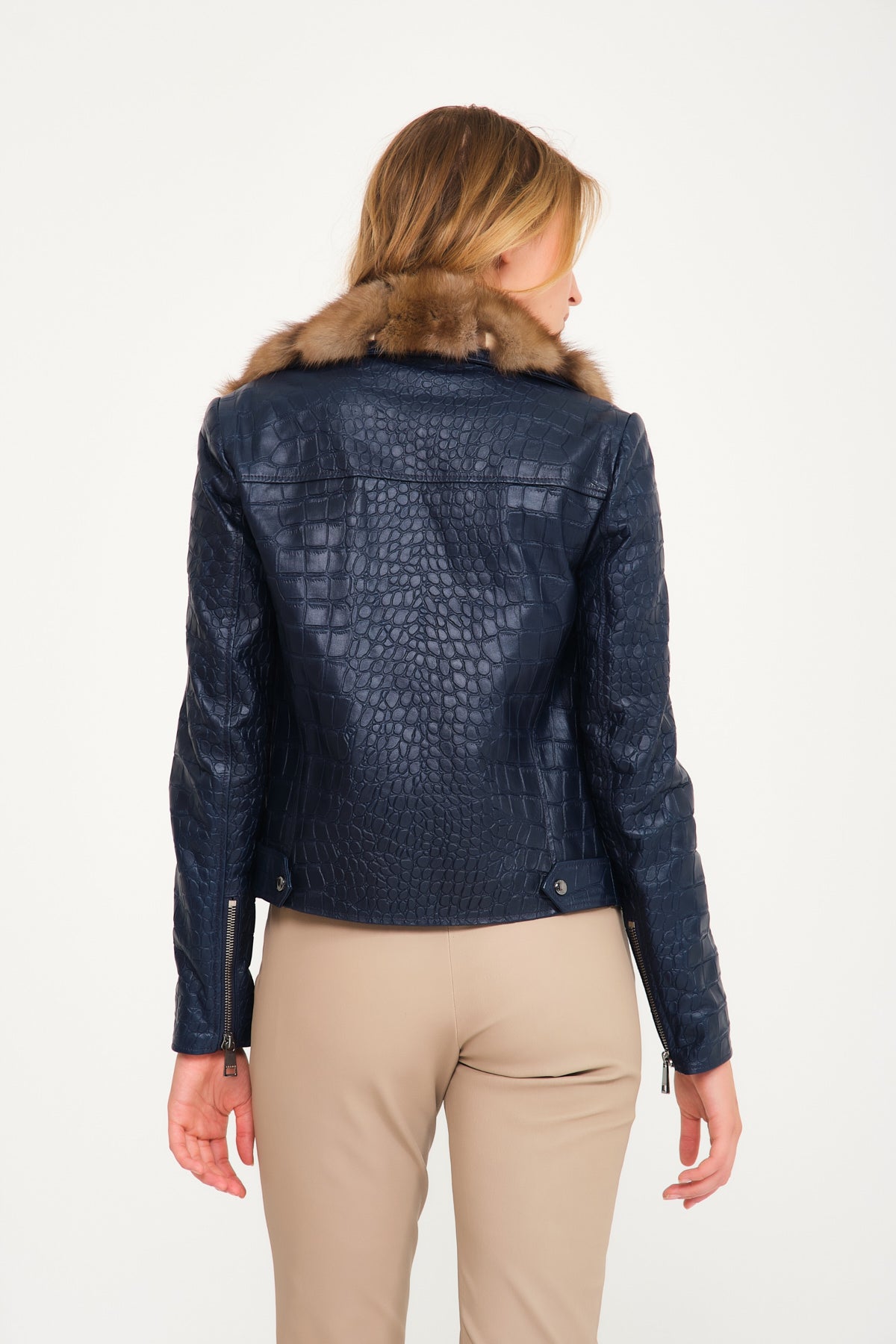 Navy Crocodile Pattern Sable Collar Leather Jacket