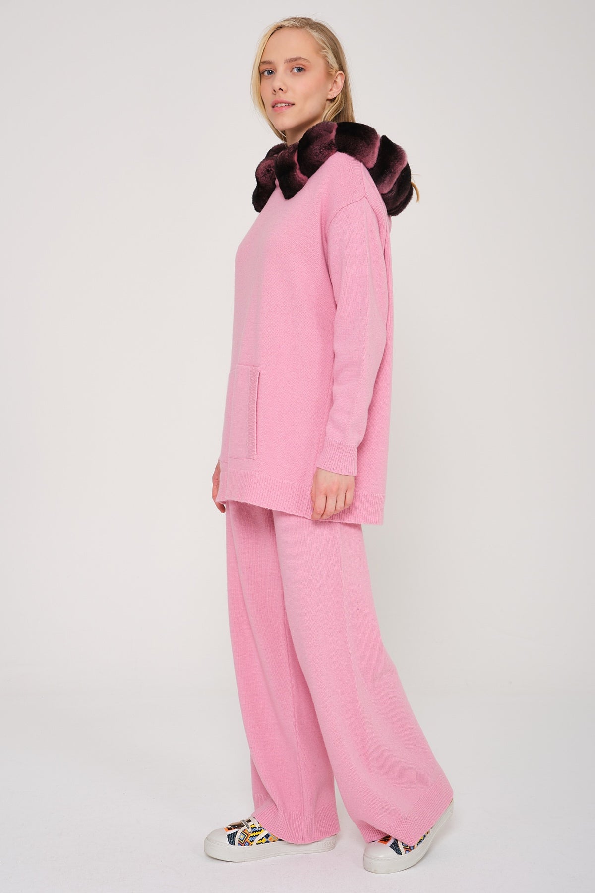 Pink Chinchilla Fur Lined Hoodie & Pants Set