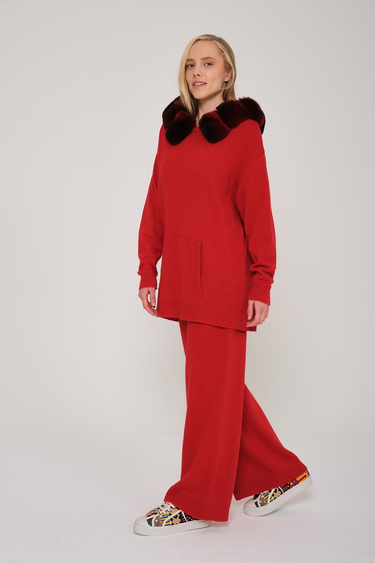 Red Chinchilla Fur Lined Hoodie & Pants Set