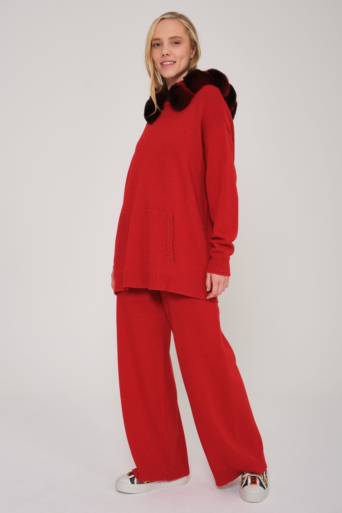 Red Chinchilla Fur Lined Hoodie & Pants Set