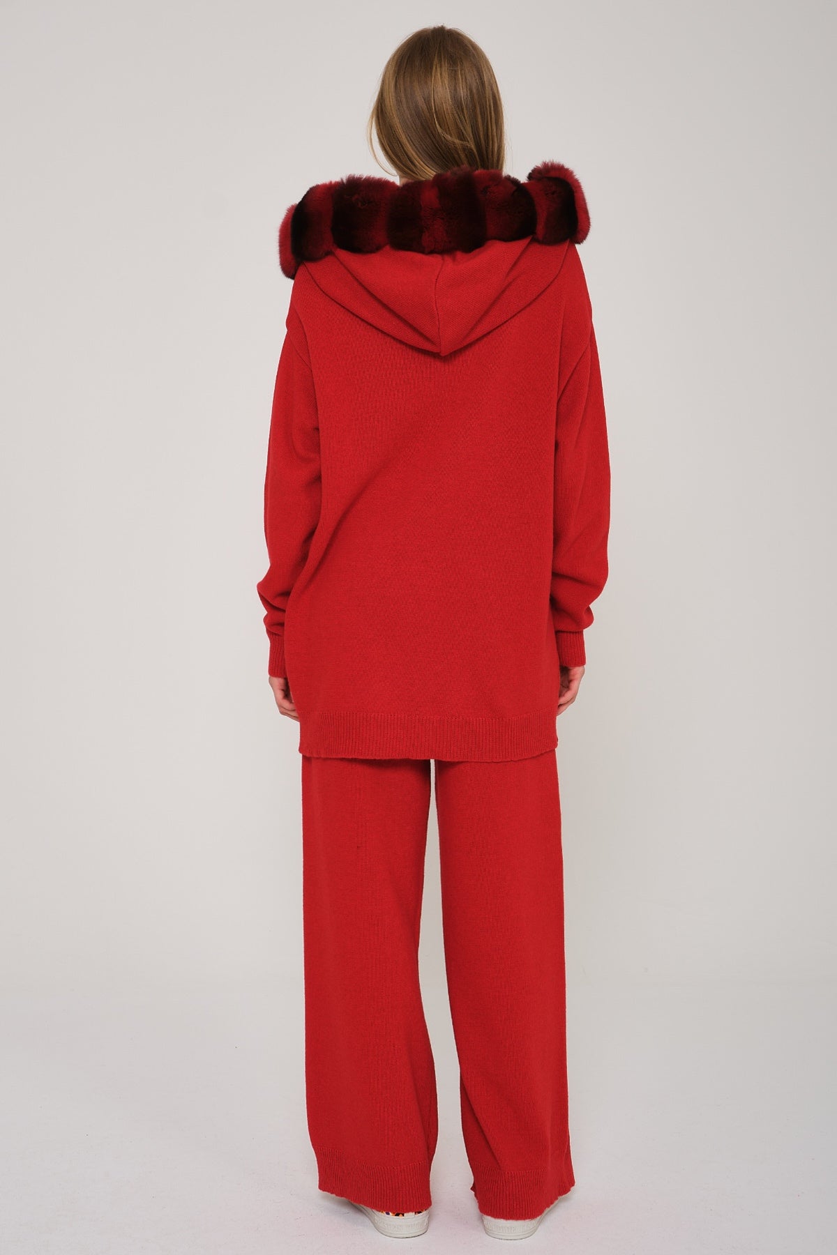 Red Chinchilla Fur Lined Hoodie & Pants Set