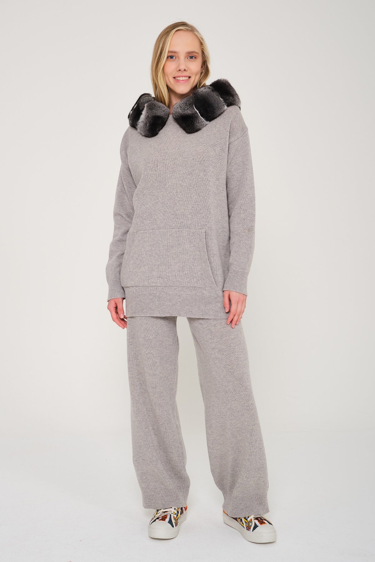 Light Grey Chinchilla Fur Lined Hoodie & Pants Set