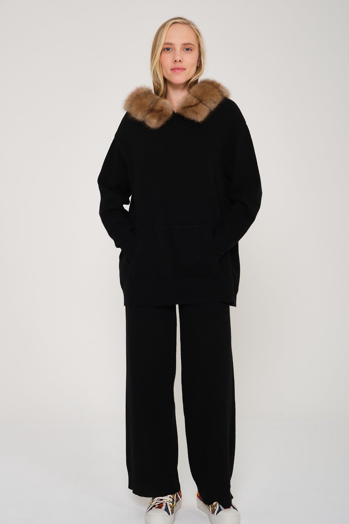 Black Marten Fur Lined Hoodie & Pants Set