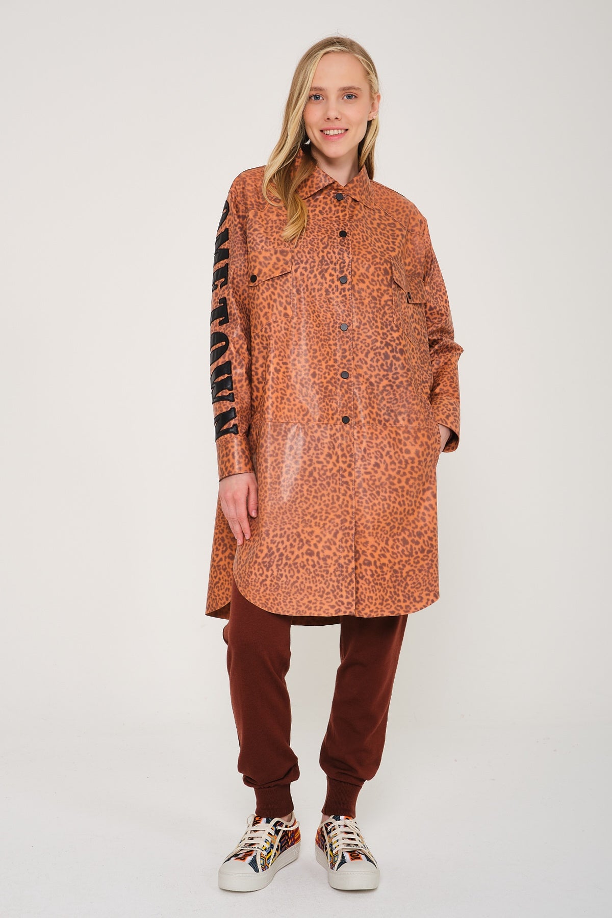 Orange Leopard Pattern Leather Coat