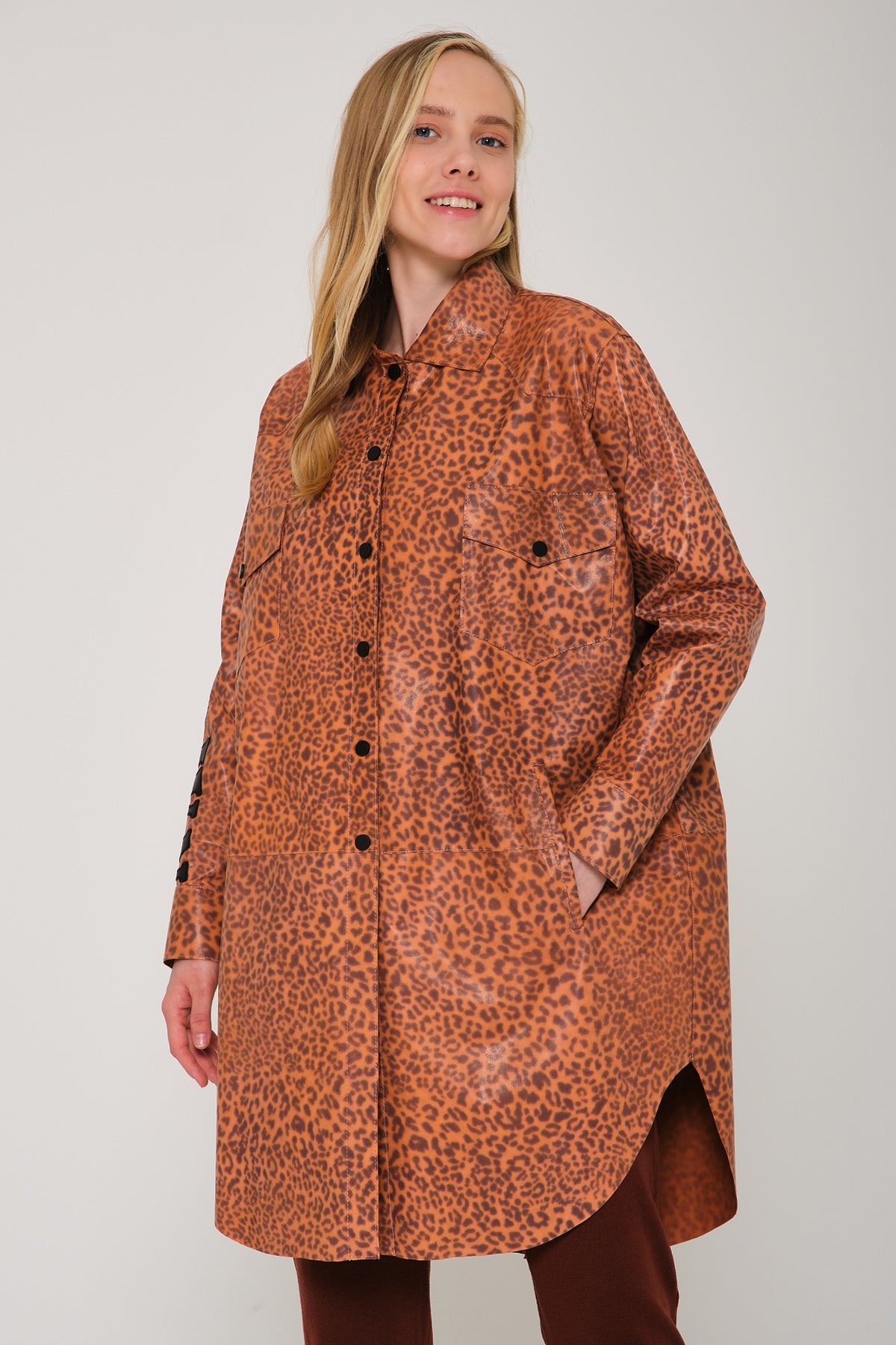 Orange Leopard Pattern Leather Coat