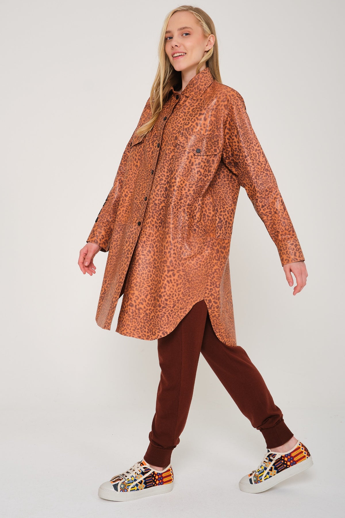 Orange Leopard Pattern Leather Coat