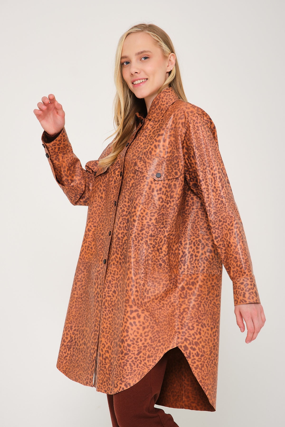 Orange Leopard Pattern Leather Coat