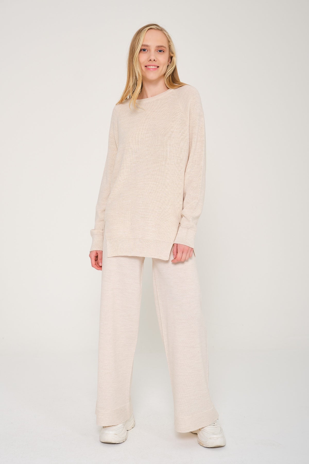 Jacquard Knitted Sweater And Pants Set Beige - Deux par Deux